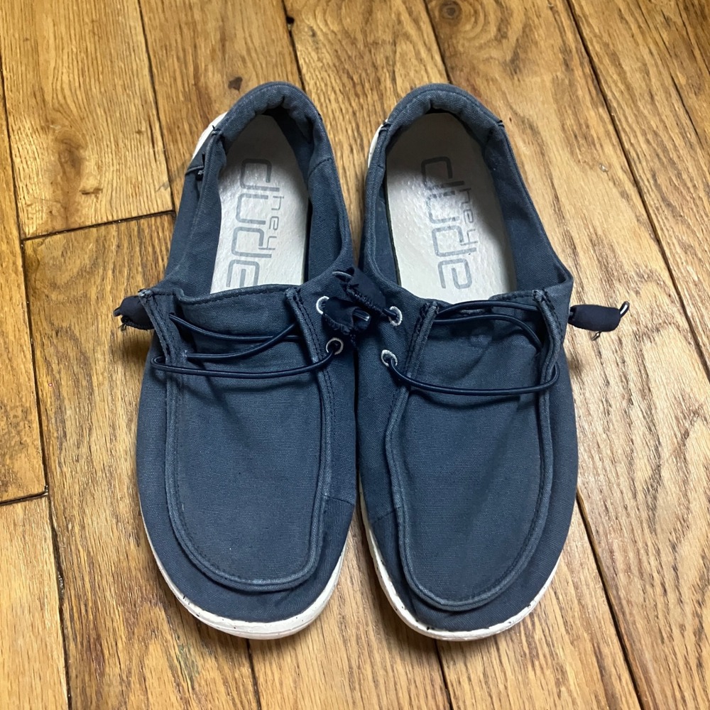 Hey Dude Wendy Navy Canvas Slip On Loafers Shoes Womens 7 Blue Speckled Sole